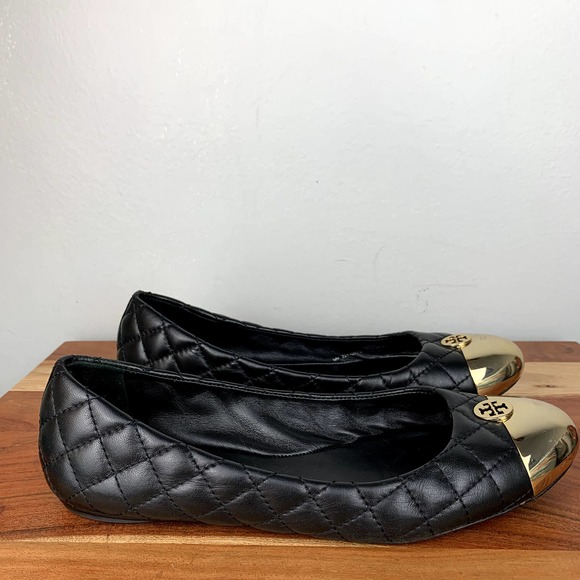 Tory Burch Kaitlin Flats Black Quilted Leather Gold Logo Ballet Shoes size 8.5 - Picture 8 of 12